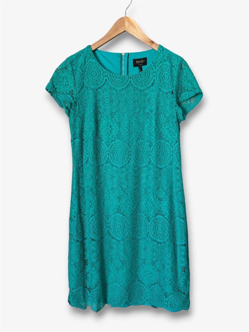 Laundry By Shelli Segal Teal Green Lace Shift Dress Mod Wedding Guest Womens 8